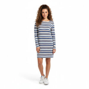 Zulu & Zephyr Ocean Retro Long Sleeve Blue Beige Stripe Knit Dress - Size 12